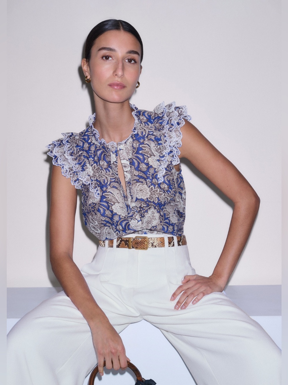 ME+EM Blue Elaborate Botanical Print Ruffle Straight Blouse